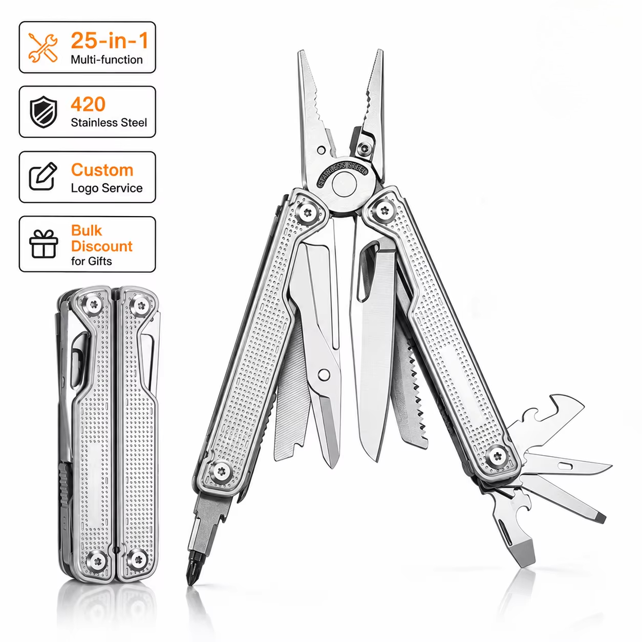 Multi Tool Plier - Professionelles 25-in-1 Multitool Klappmesser, Hochleistungs-Edelstahl-Multifunktionszange für